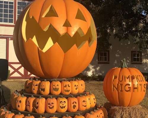 Pumpkin Nights illuminated pumpkin trail at Howell Family Farms in Arlington, Texas
